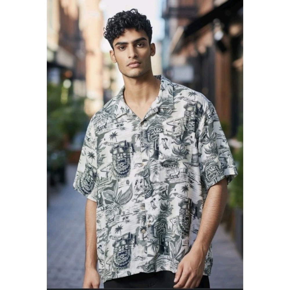 Original Island Sport Shirt Men SZ M Hawaiian Floral Button up Hula Girls P2P 23